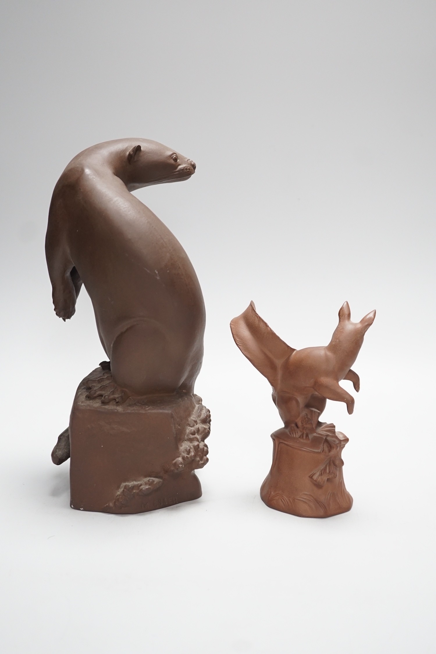 Two Meissen 'Bottger' red stoneware models of an otter, modelled by M. Esser and a squirrel, tallest 25.5 cm